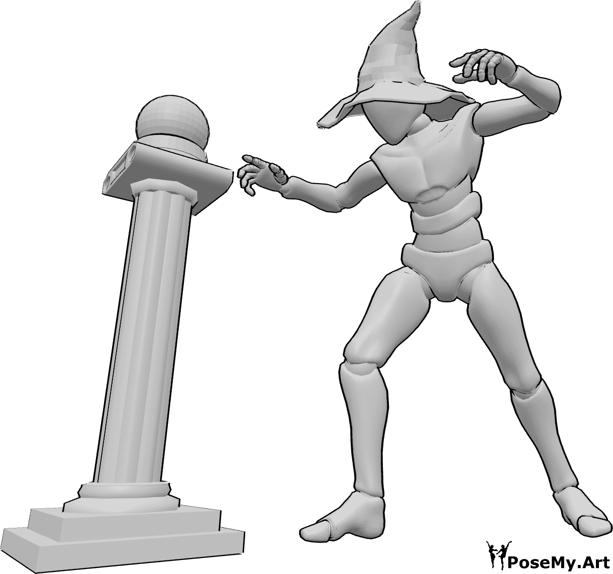 Pose Reference- Wizard crystal ball pose - Wizard is casting a spell with a crystal ball, wearing a classic wizard hat