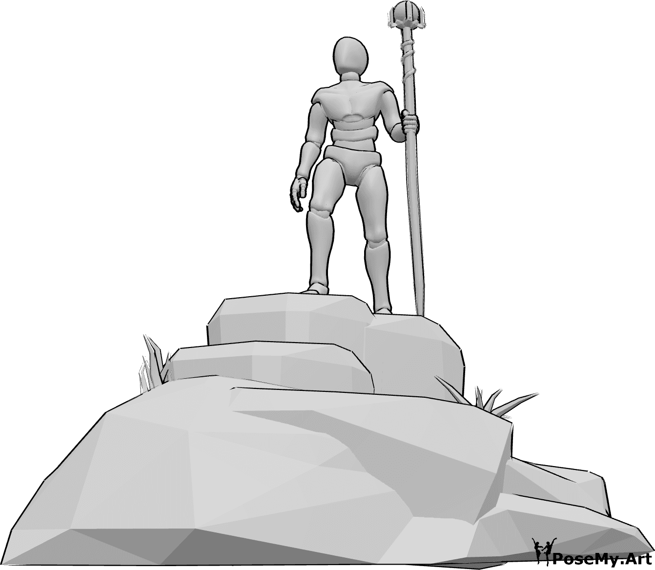Pose Reference- Wizard standing thinking pose - Wizard is standing on the rocks, leaning on his wizard staff with his left hand while lost in thought