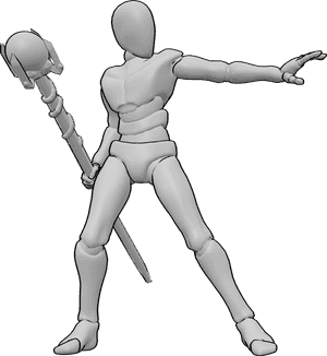 Pose Reference- Wizard powerful spell pose - Wizard is casting a powerful spell with his left hand while holding a wizard staff in his right hand
