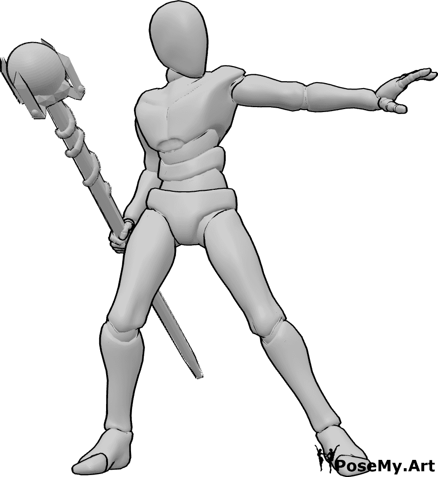 Pose Reference- Wizard powerful spell pose - Wizard is casting a powerful spell with his left hand while holding a wizard staff in his right hand