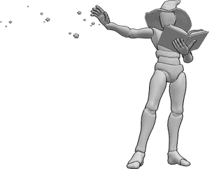 Pose Reference- Wizard book spell casting pose - Wizard is standing and casting a spell from a book with his right hand