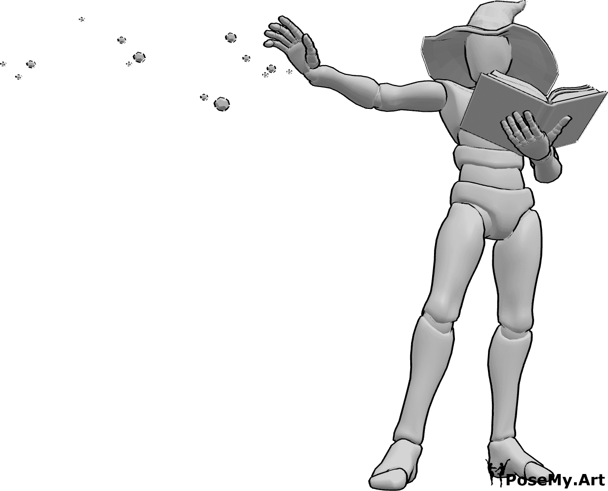 Pose Reference- Wizard book spell casting pose - Wizard is standing and casting a spell from a book with his right hand