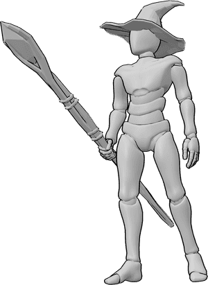 Pose Reference- Wizard staff standing pose - Wizard is standing with a wizard staff in his right hand, slightly looking to the right