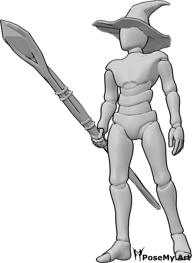 Pose Reference- Wizard staff standing pose - Wizard is standing with a wizard staff in his right hand, slightly looking to the right