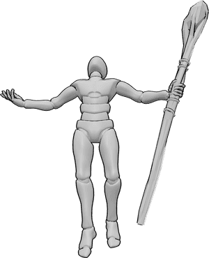 Pose Reference- Wizard floating upward pose - Wizard is floating upward, holding a wizard staff in his left hand and looking toward the sky