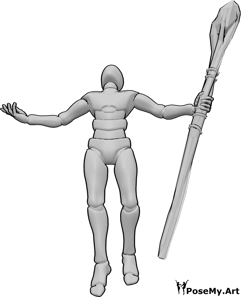 Pose Reference- Wizard floating upward pose - Wizard is floating upward, holding a wizard staff in his left hand and looking toward the sky