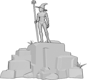 Pose Reference- Wizard holding book pose - Wizard is standing on top of a rock, holding a book in his left hand and a wizard staff in his right