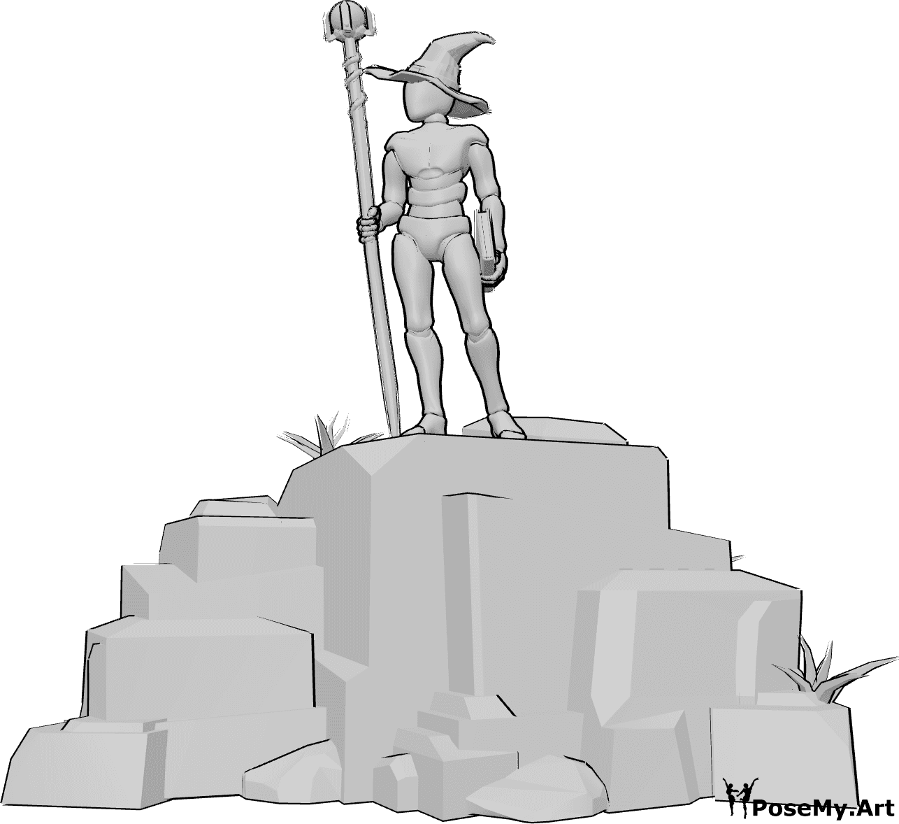 Pose Reference- Wizard holding book pose - Wizard is standing on top of a rock, holding a book in his left hand and a wizard staff in his right