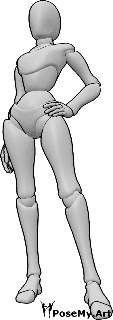 Posen-Referenz- Pose mit einer Hand auf der Hüfte - Eine Frau steht mit einer Hand in der Hüfte und posiert selbstbewusst für eine Modeillustration.