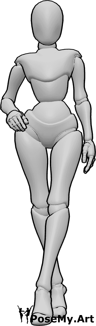 Referência de poses- Pose com as pernas cruzadas - A mulher está de pé, com uma perna cruzada à frente da outra, criando uma pose elegante de moda