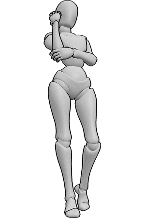Pose Reference- Touching hair pose - Female is standing while touching her hair with one hand, creating a casual fashion pose