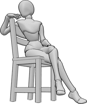 Pose Reference- Model sitting chair pose - Female is sitting on a chair with one leg crossed over the other in an elegant fashion pose
