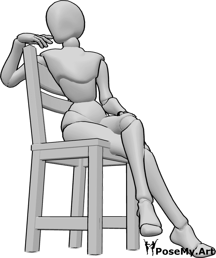 Pose Reference- Model sitting chair pose - Female is sitting on a chair with one leg crossed over the other in an elegant fashion pose