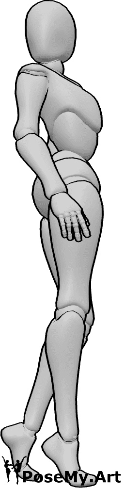 Referencia de poses- Pose de giro a mitad de paso - La mujer está girando en mitad de un paso, con el cuerpo retorcido mientras mira en otra dirección.