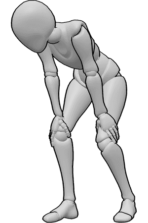 Pose Reference- Female hunched over holding knees - Female is standing hunched over with both hands holding her knees and her head lowered