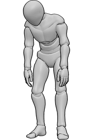 Pose Reference- Male hunched over standing pose - Male is standing hunched forward with his shoulders rounded and head lowered
