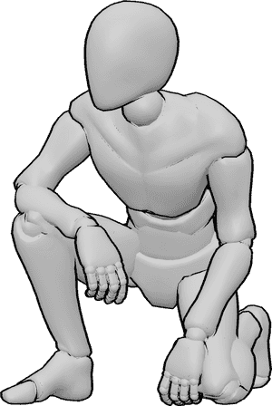 Pose Reference- Male hunched over resting pose - Male is half-kneeling, bent forward with his elbow resting on his knee in an exhausted posture