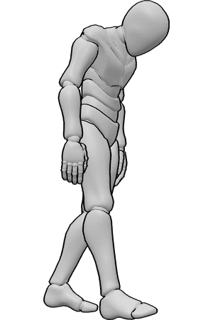 Pose Reference- Male hunched over walking pose - Male is walking forward with his upper body pitched forward and shoulders rounded