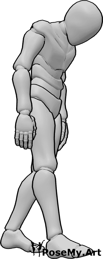 Pose Reference- Male hunched over walking pose - Male is walking forward with his upper body pitched forward and shoulders rounded
