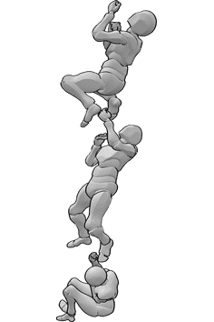 Pose Reference- Three bot climb a rope - Three bot, 1 woman, 2 men, climb the same rope - Top angle view