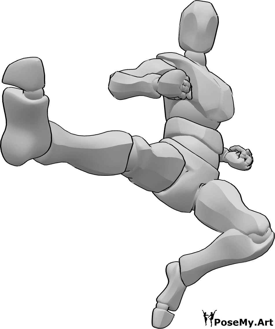 Pose Reference - Male kick air pose - Male powerful kick in the air pose