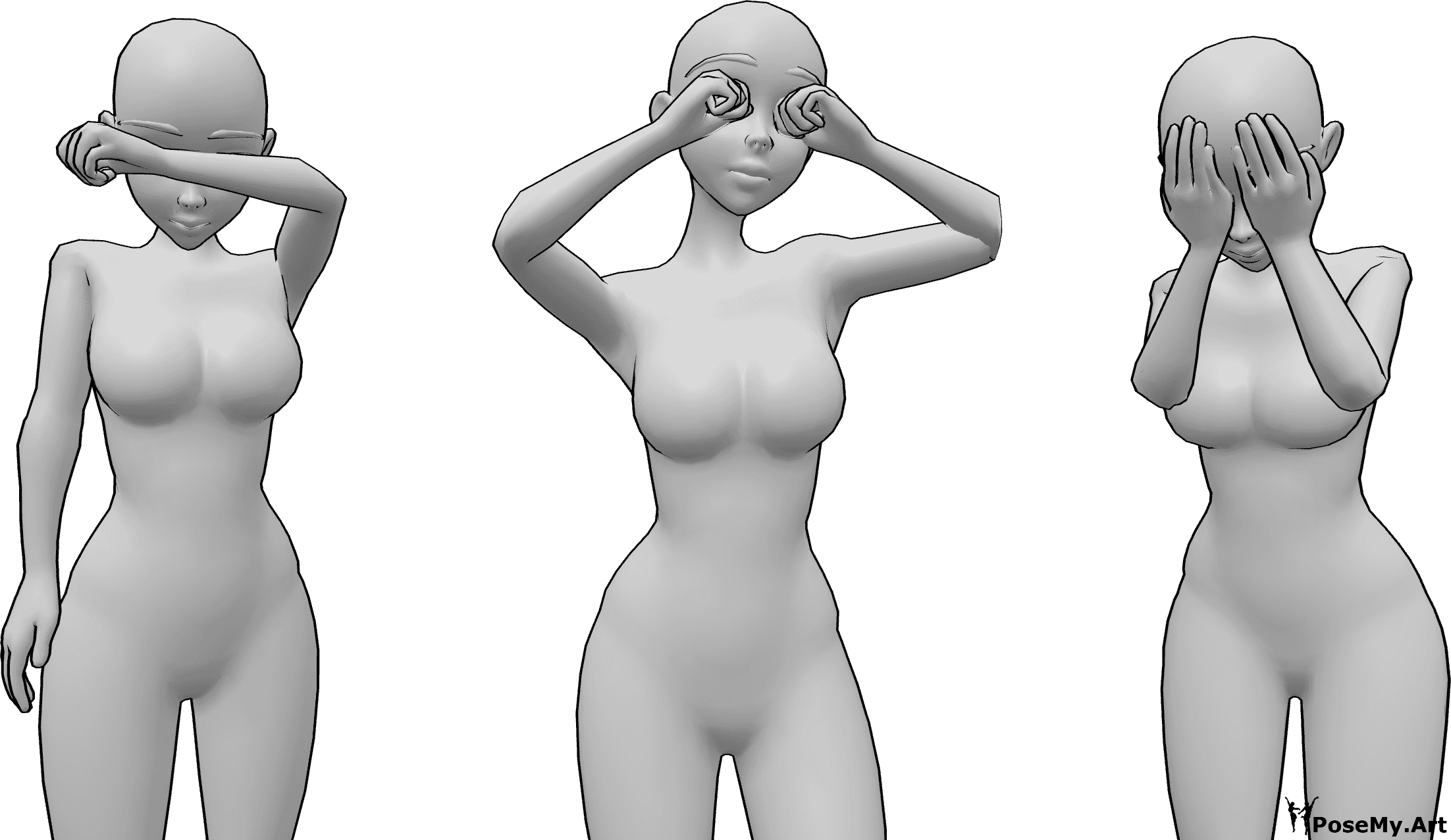 Pose Reference - Three women crying - Three anime women crying in 3 different positions. All standing. 
