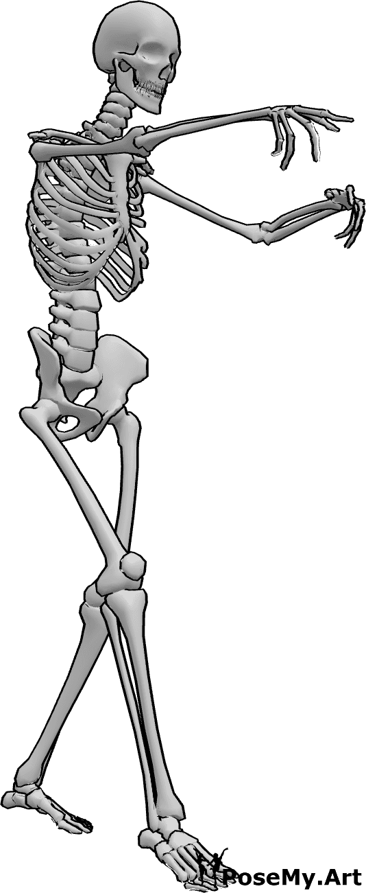 Referência de poses- Pose do esqueleto ambulante - O esqueleto está a caminhar lentamente para a frente e com uma pose assombrosa