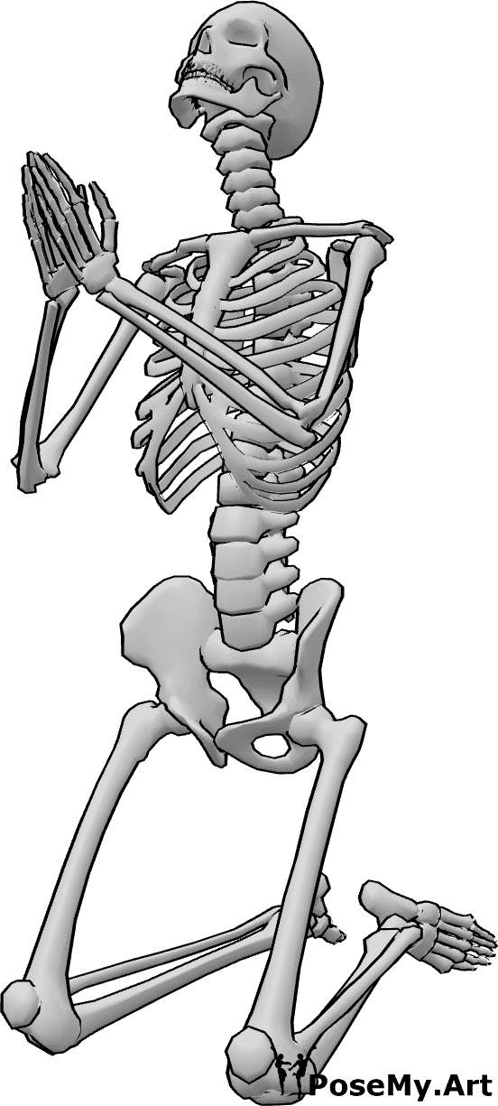 Pose Reference - Praying skeleton pose - Skeleton on his knees looking up and praying pose