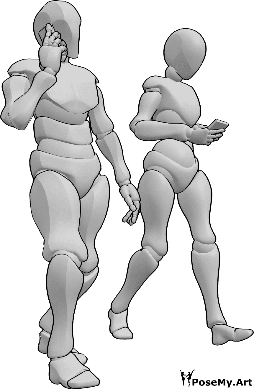 Pose Reference - Walking phone pose - Female and male is walking together while they are both on the phone