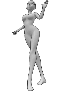 Pose Reference- Woman standing and saying hi - cute anime refrence - a woman standing, one leg to the back, one hand saying hi, low angle view