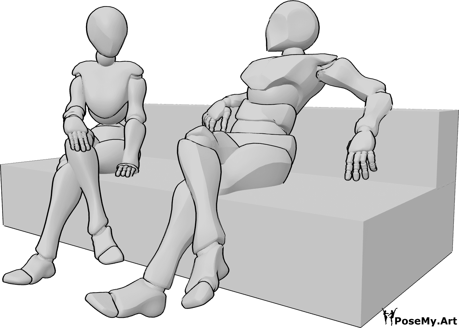 Pose Reference - Female male sitting pose - Female and male are sitting on a couch with their legs crossed