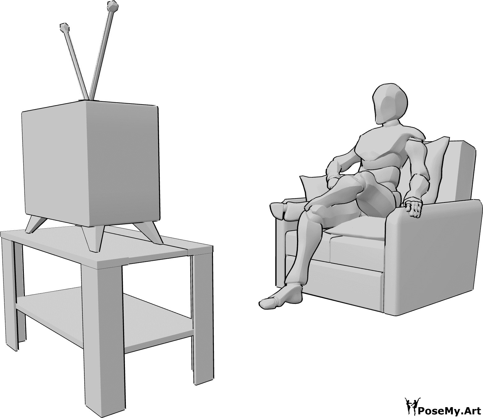 Pose Reference - Watching TV pose - Male is sitting with crossed legs and watching TV