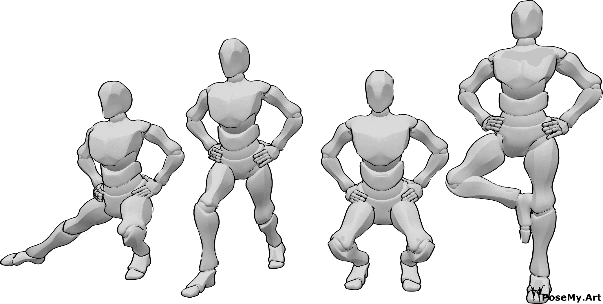 Pose Reference - Exercises hands hips pose - Four males are doing exercises with hands on hips