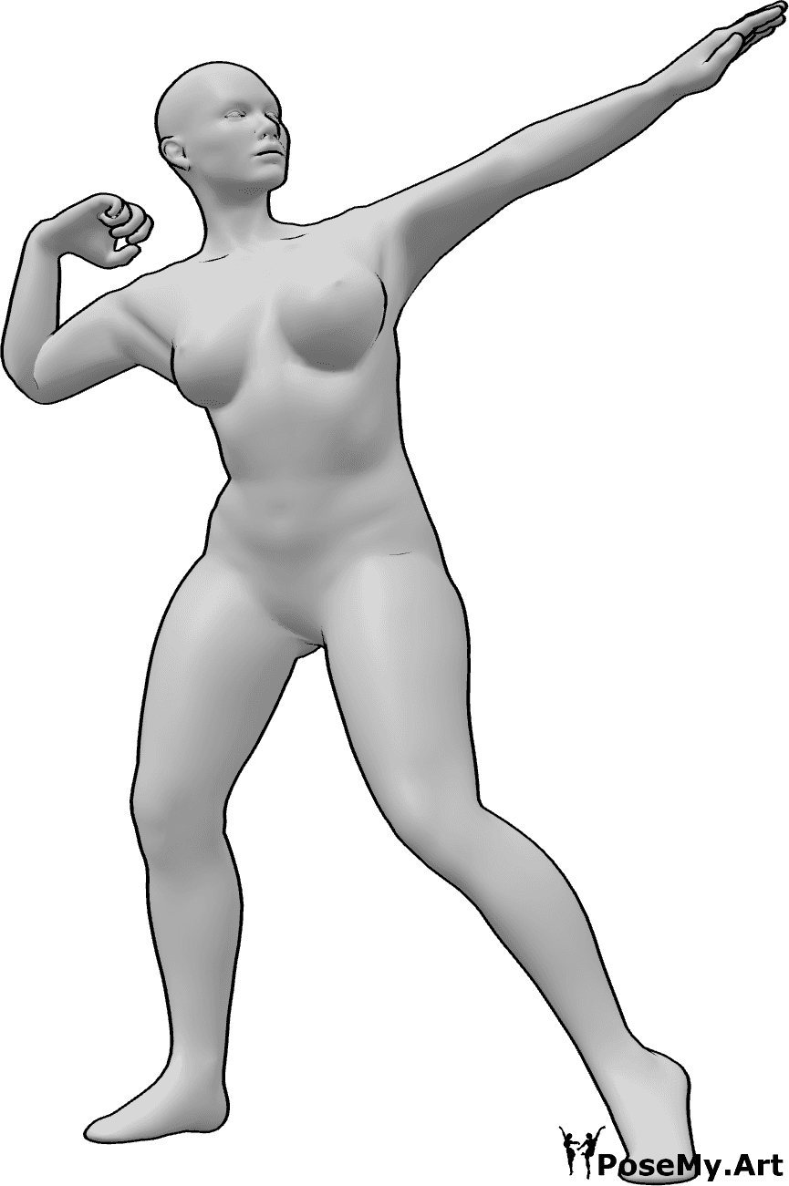 Pose Reference - Female showing muscles pose - Muscular female standing hero pose, showing arm muscles pose