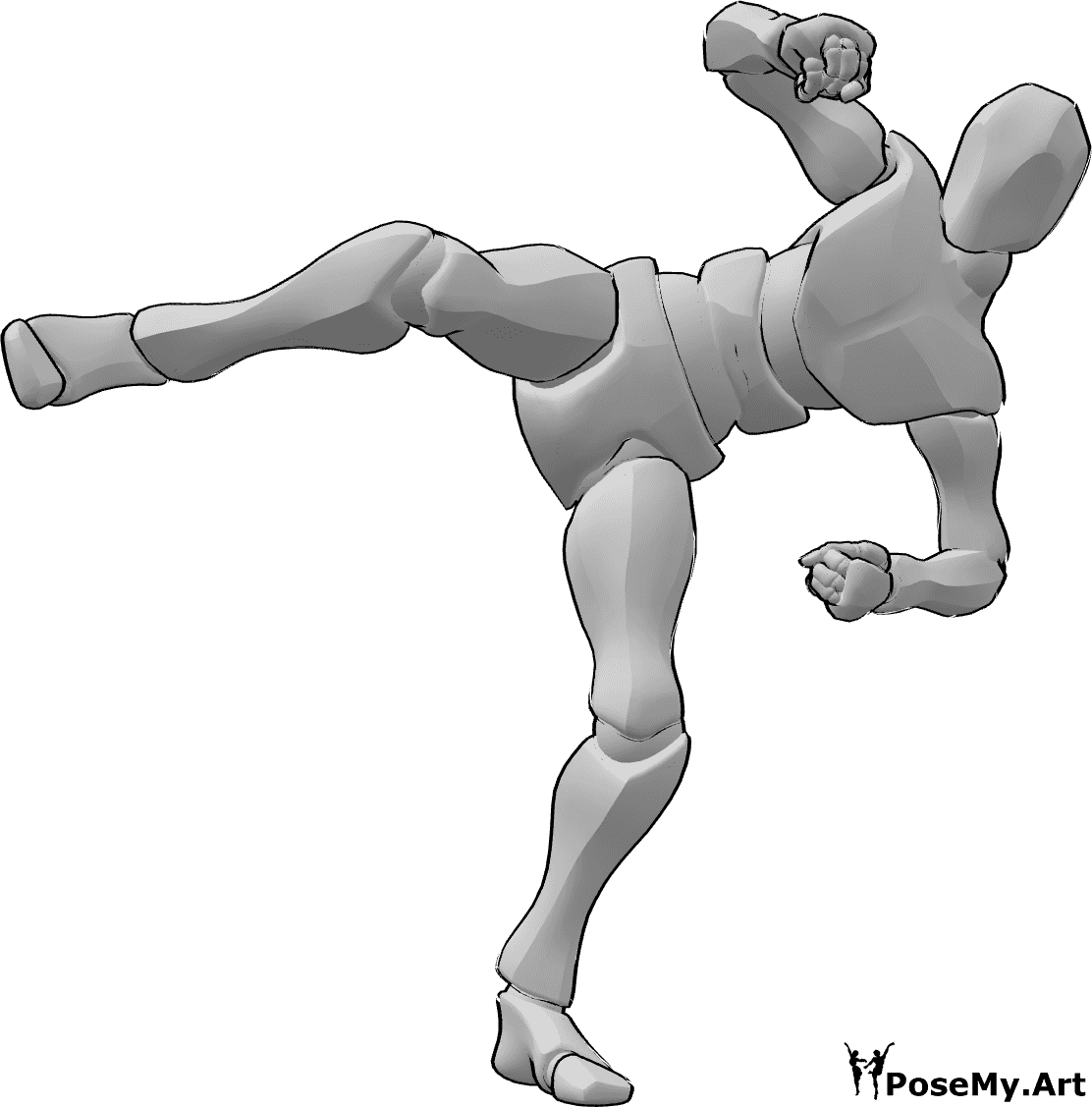 Pose Reference - Right foot kick pose - Male is standing and kicking high with his right foot, leg pose