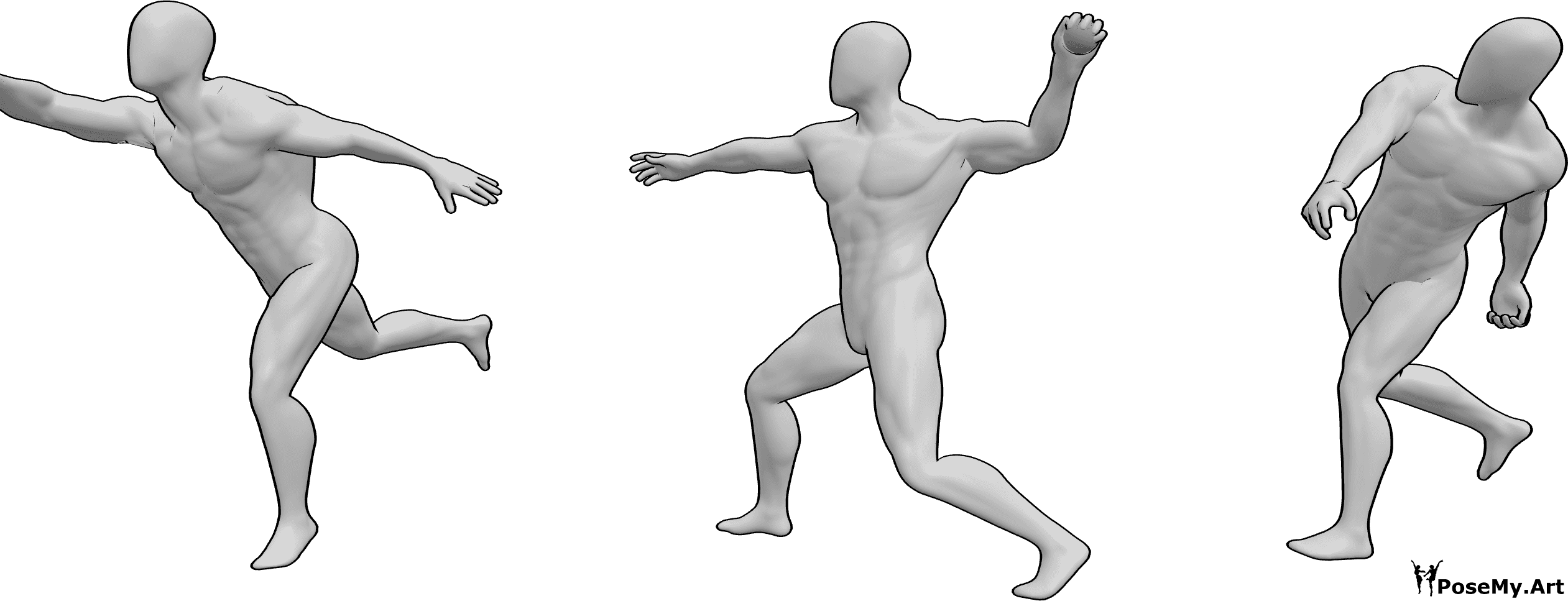Pose Reference - Throwing Positions - Three realistic men models in different throwing positions