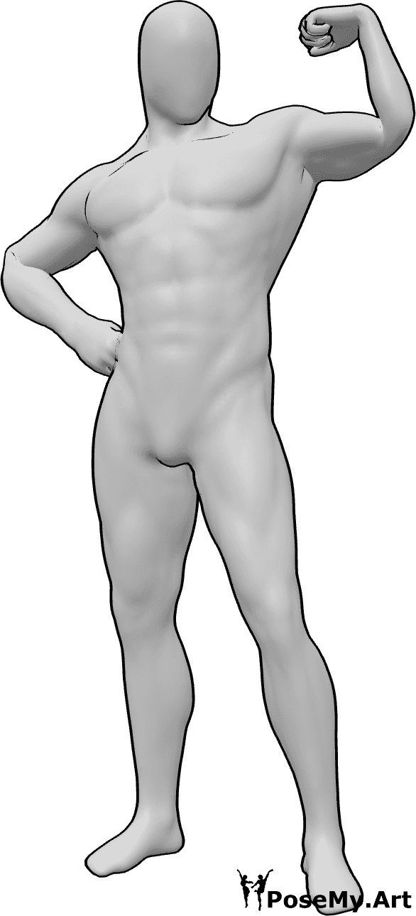 Pose Reference - Left arm muscle pose - Muscle male is standing with his right hand on hip and showing his left arm muscles