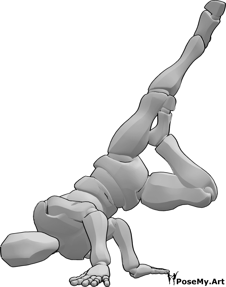 Pose Reference - Breakdance handstand pose - Male is breakdancing and doing a handstand with straight left leg