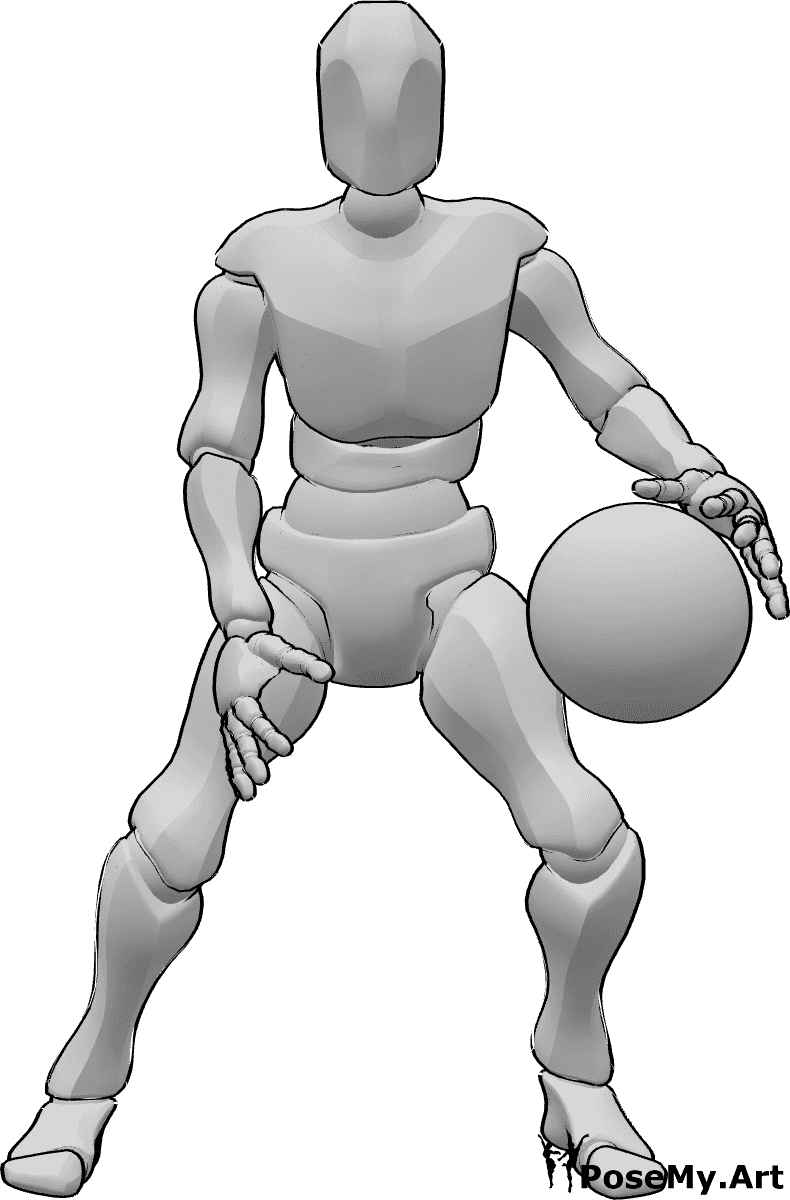 Pose Reference - Dribbling two hands pose - Male is looking forward and dribbling the basketball with two hands