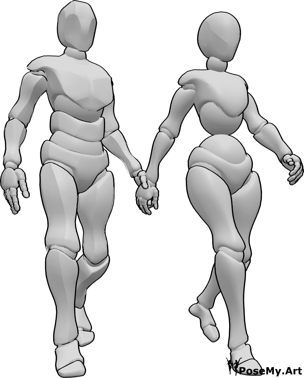 Pose Reference - Stressed couple walking pose - Angry couple is walking together, holding each others hands, walking in a hurry