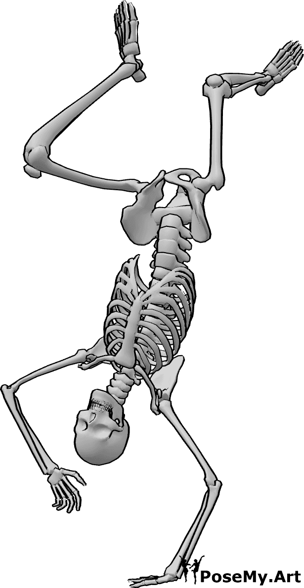 Pose Reference - Skeleton handstand spin pose - Skeleton is breakdancing, performing a single handstand spin