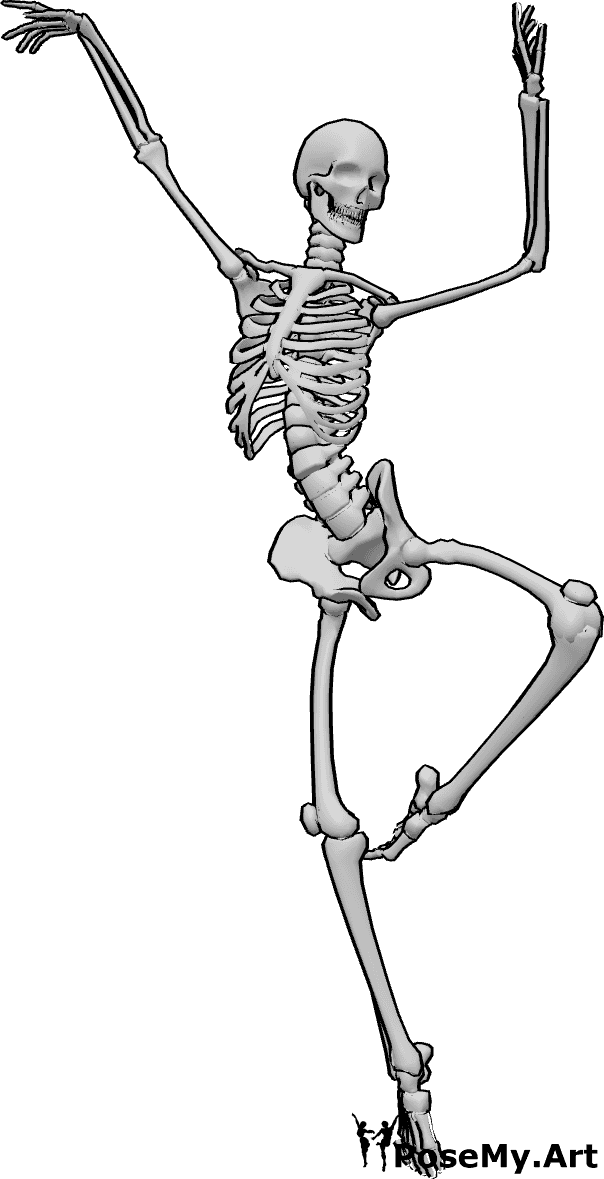 Pose Reference - Skeleton ballet dancing pose - Skeleton is ballet dancing and posing while standing on right foot