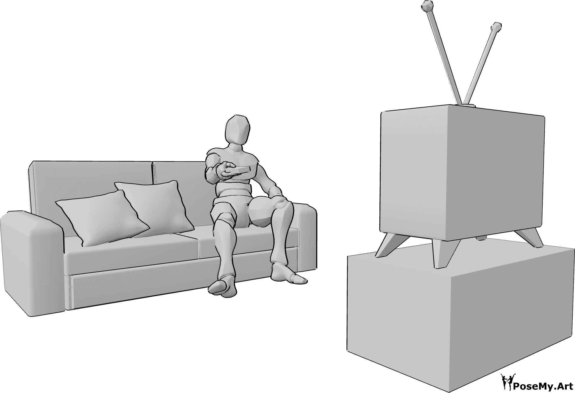 Pose Reference - Changing TV channels pose - Male is sitting on the sofa and changes channels with the remote control