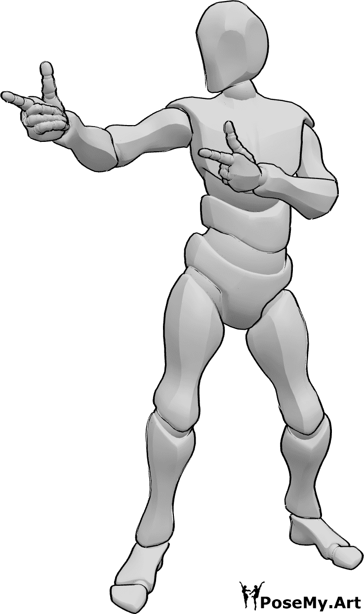 Pose Reference - Male pointing right pose - Male is standing, looking and pointing to the right with two hands