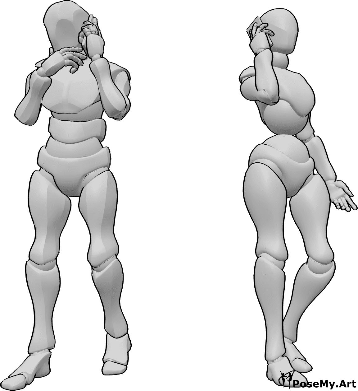 Pose Reference - Female male phone pose - Female and male are standing and talking on their phones