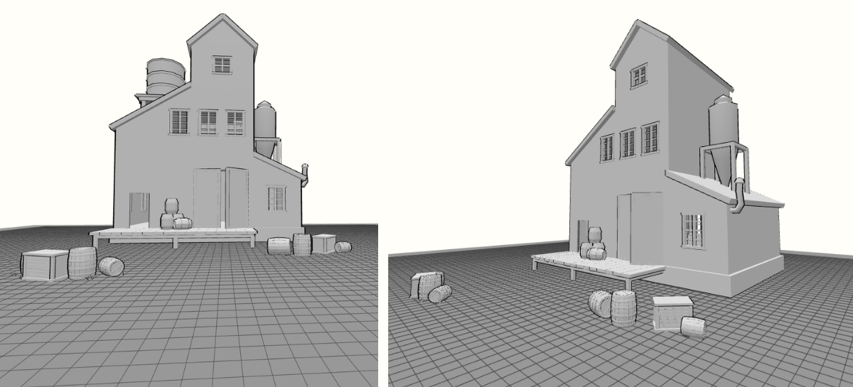 Showing placement of environment object and props to start building a scene. Alcohol factory with scattered boxes and barrels in front