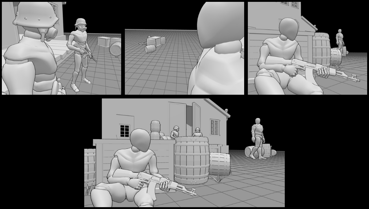Different images showing different shots from different angles of the same scene setup as previously described.
