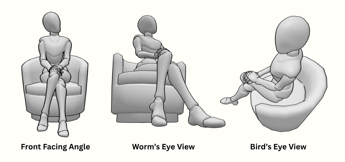 Front view of character model sitting cross-legged on padded chair. Comparison to low angle looking up worm's eye view and top-down angle bird's eye view