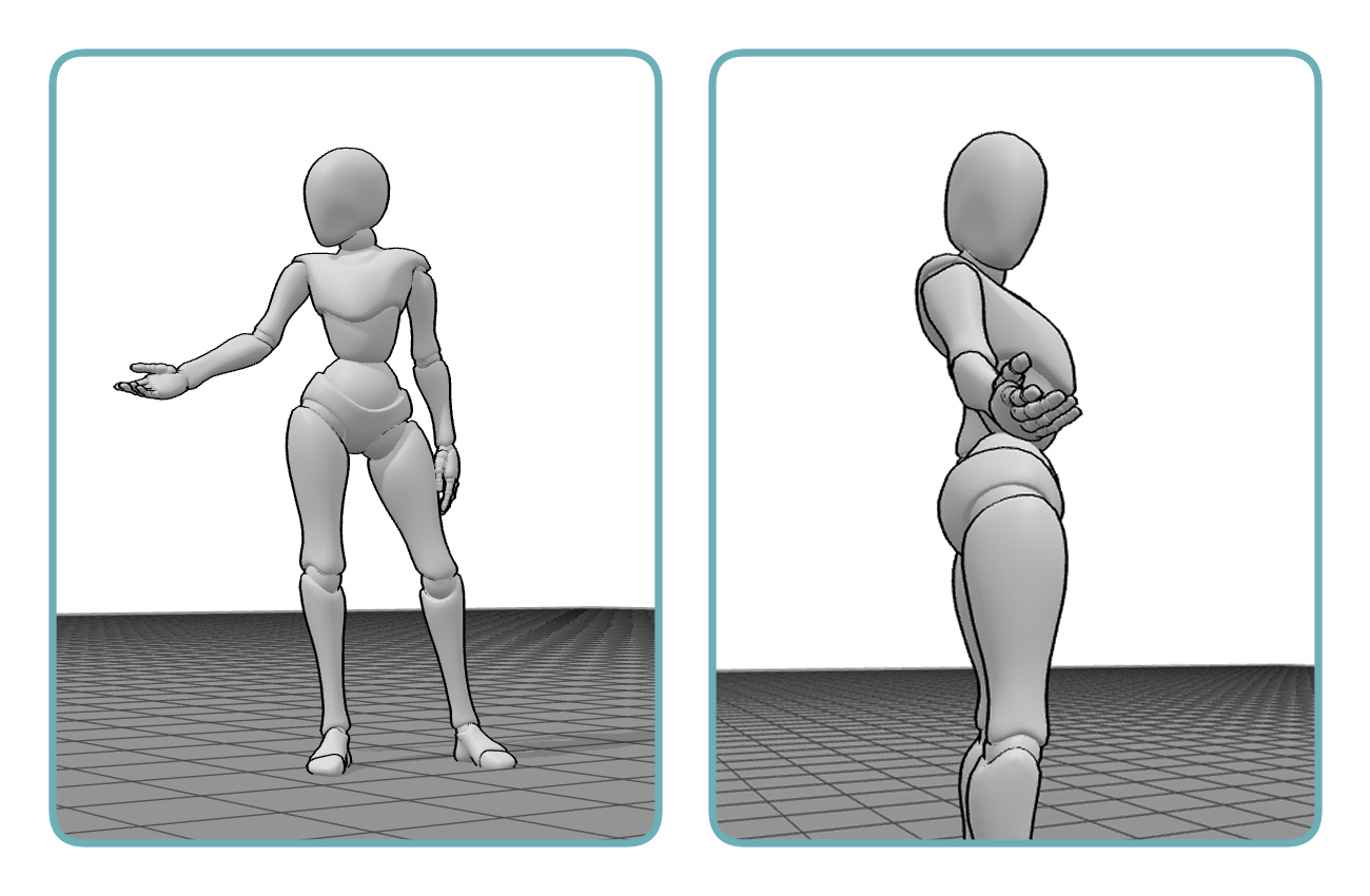 The same raising arm pose viewed from different camera angles using 3D drawing references