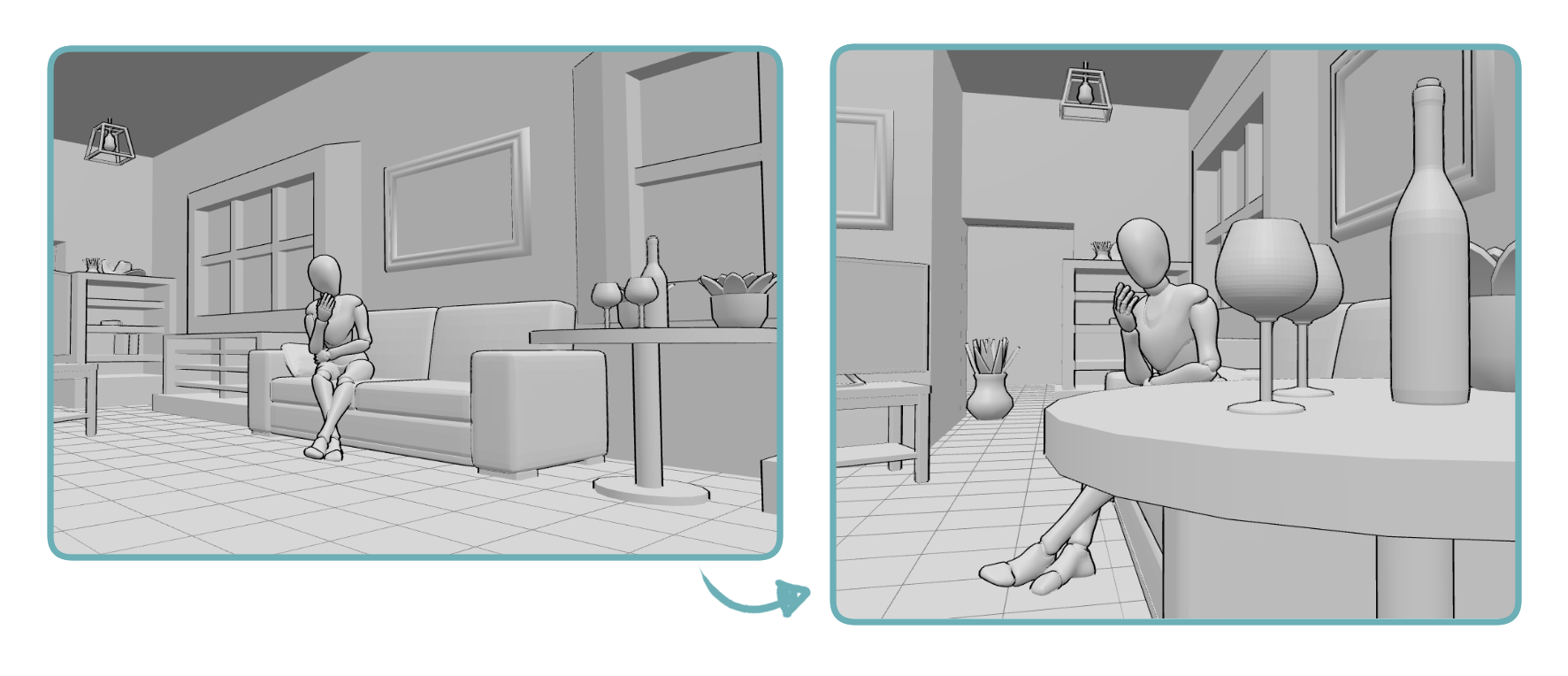 Complex 3D drawing reference scene viewed from different camera angles